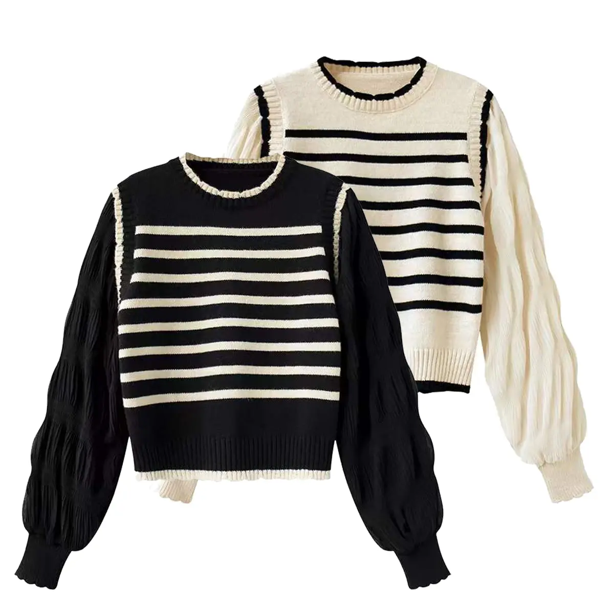 ATASAN KNIT WANITA LENGAN PANJANG LENGAN BALON SWEATER GARIS