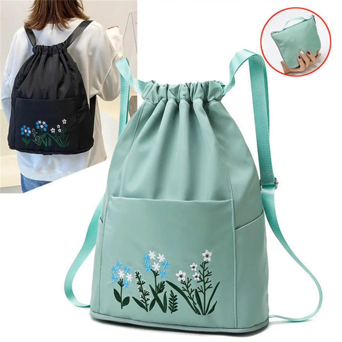 Printed pattern Backpack Lightweight Embroidered Nylon Drawstring backpack Storage bag for Swimming School Fitness Sports Travel