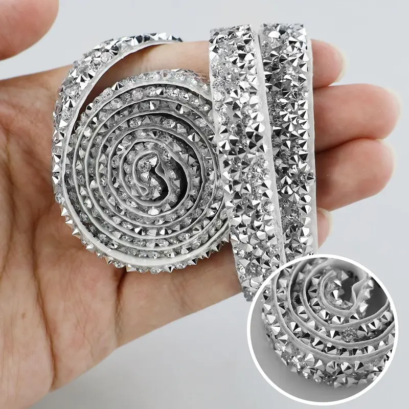 4 Rolls Crystal Resin Rhinestone Ribbons Self-Adhesive Ribbon Roll Glitter Resin Diamond Belt Bling Sparkling Diamond Ribbon Bling Stickers Wrap Crystal Roll for DIY Arts Crafts(Silver, 10mm) 2