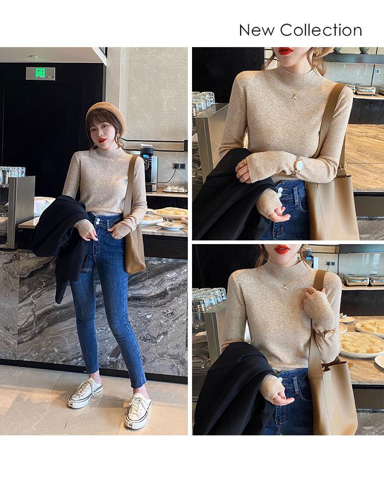 Product Introduction of High-End Western Style Inner Wear Bottoming Shirt for Women 2024 Spring and Autumn New Style Wooden Ear Mock Neck Sweater Knitwear Top 16