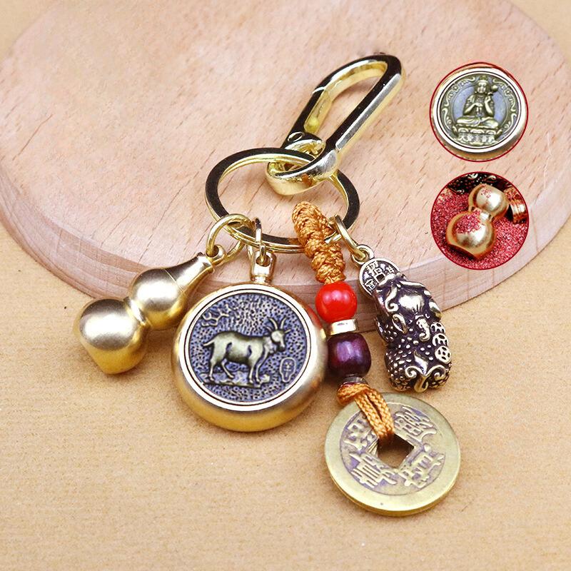 Combo Móc khóa Bát Xoay 12 con giáp phật bản mệnh, tỳ hưu, dây vàng, hồ lô rỗng, cát đỏ và túi phúc (S-11) Móc Khoá Móc Chìa Khoá