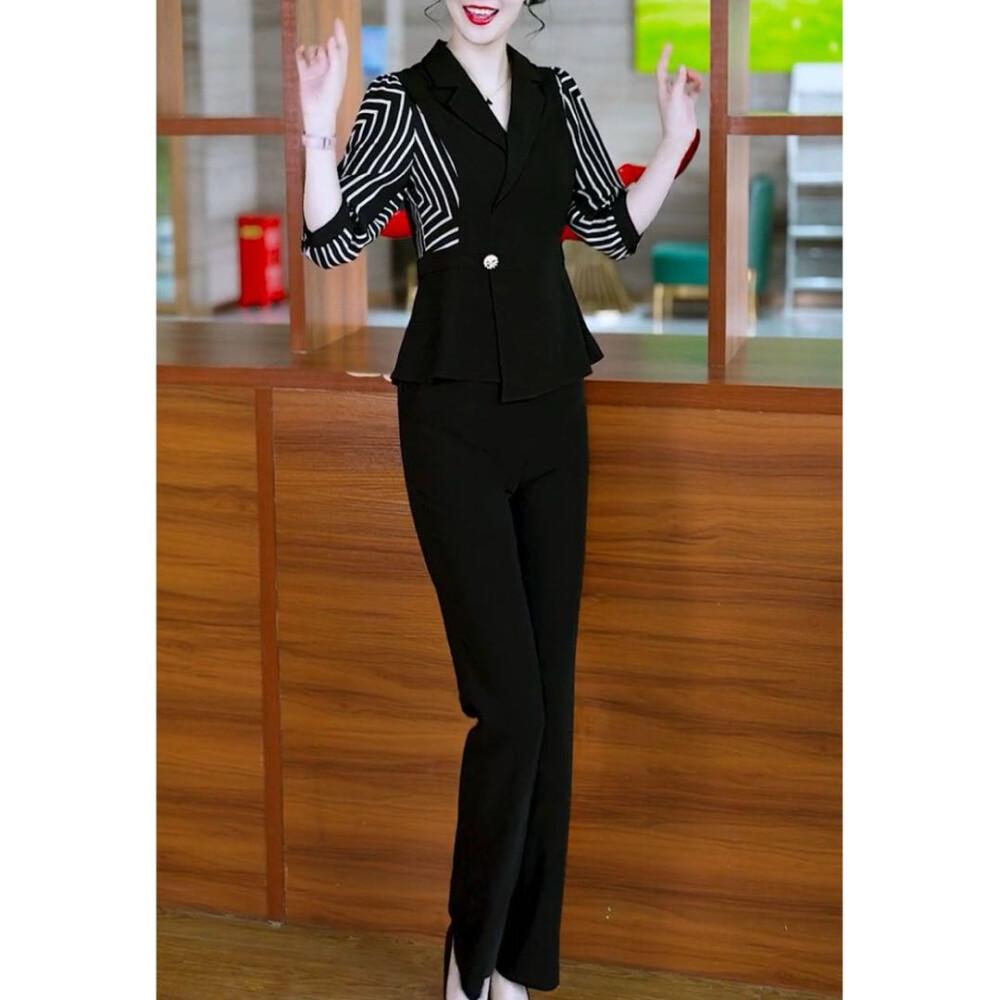 [clearance]FADFAD Setelan wanita atasan lengan tiga perempat dengan erah v neck dan celana panjang warna solid gaya casual