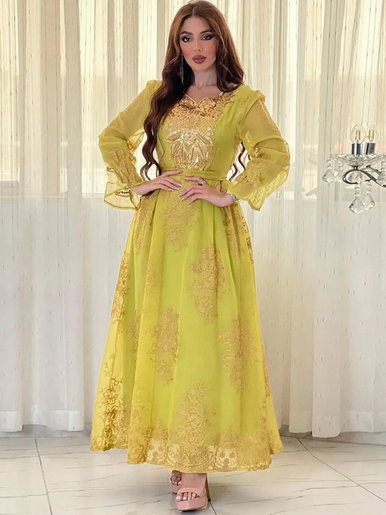 Arabic Clothing-Contrast Mesh Embroidery Belted Dress, Elegant Comfort Contrast Sequin Long Sleeve A Line Dress for Women, Ladies Spring & Fall Clothes, Abaya Womenswear, Fashion Eid Dresses