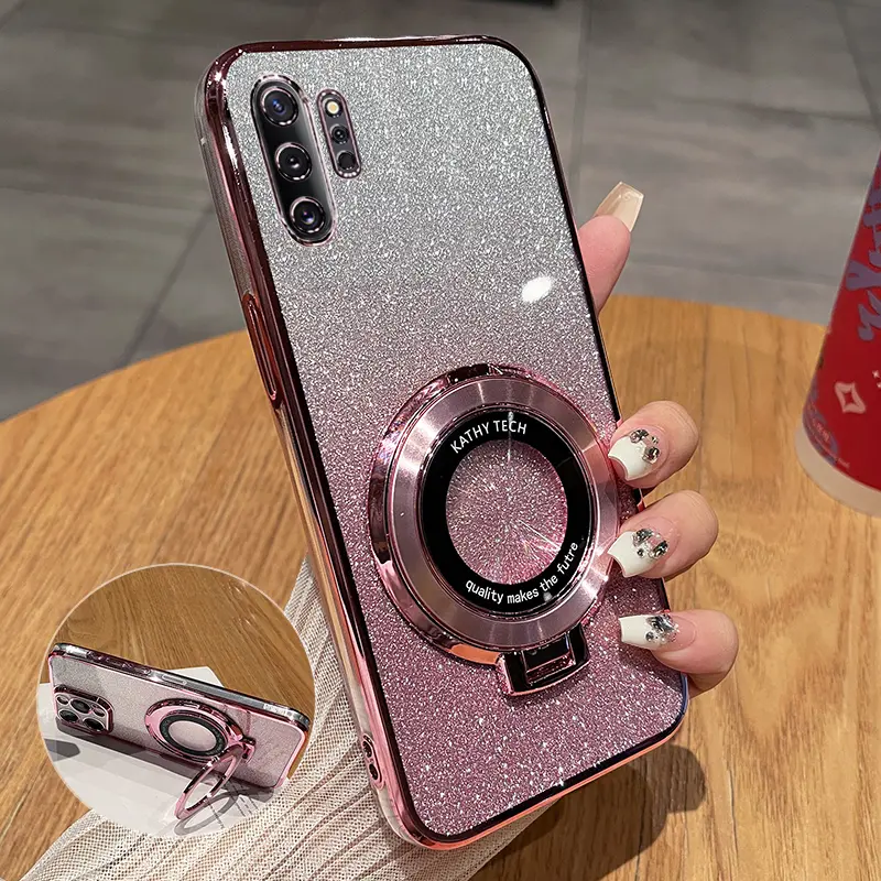 For Samsung Galaxy Note 10 Note 10 Plus Case with Electroplated Stand Bracket Fashion Luxury Glitter Phone Cases Clear Soft TPU Silicone Shockproof Protective Back Cover Camera Protect Casing