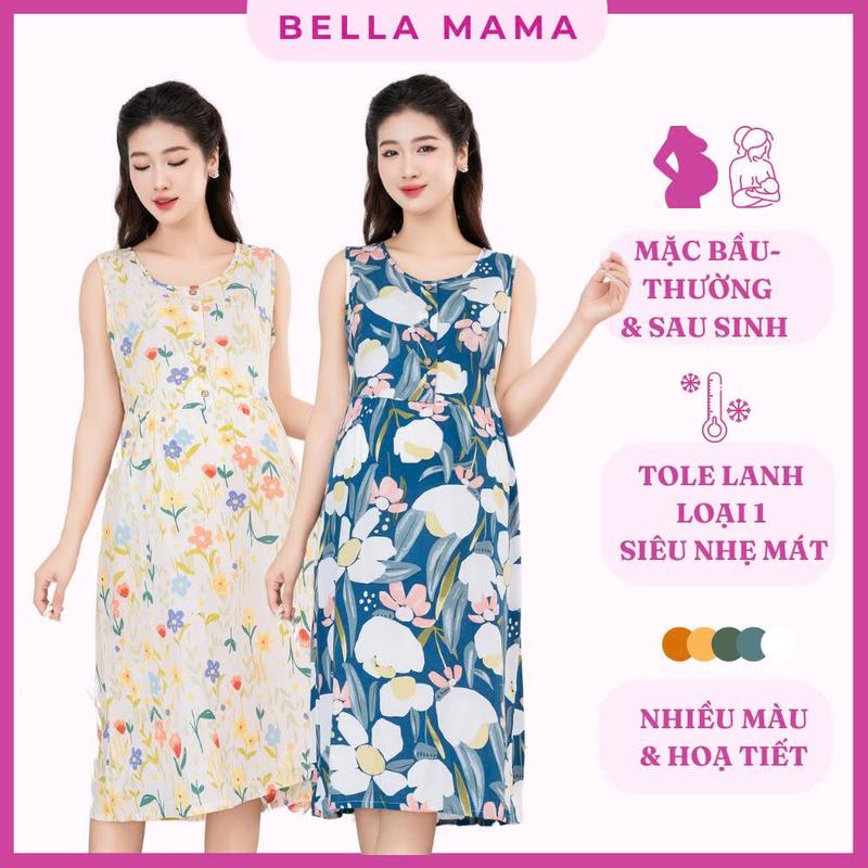 Váy bầu mặc nhà Váy lanh ngủ cho mẹ bầu cúc gỗ chất vải Tole Lanh loại 1 mềm mịn mát Size 48-70kg  Bella Mama- VN2