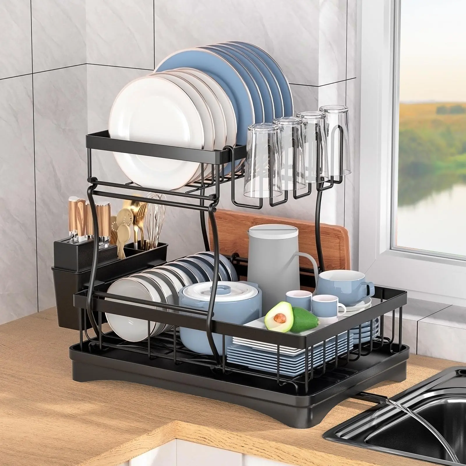 2-tier Dish Drying Rack, 1 Count Detachable Large Capacity Dish Drainer Organizer with Drain Board, Kitchen Utensil Tableware Storage Holder