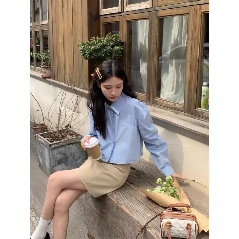 Áo sơ mi Mecixi  cổ đức dáng croptop phối túi FG046 - Thời trang nữ - Shirt, Women Trắng Nhung 0
