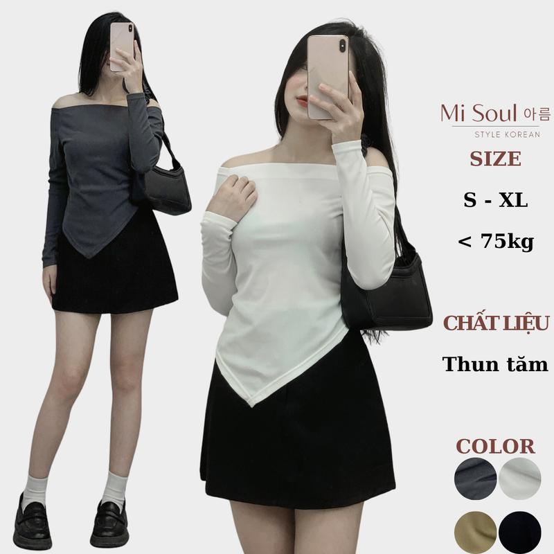 Áo Trễ Vai Dài Tay Cổ Thuyền Bigsize Vạt Nhọn Misoul, Áo Lệch Vai Tay Dài Chất Liệu Thun Tăm 226 Top Nữ Women Đen Sơ Mi