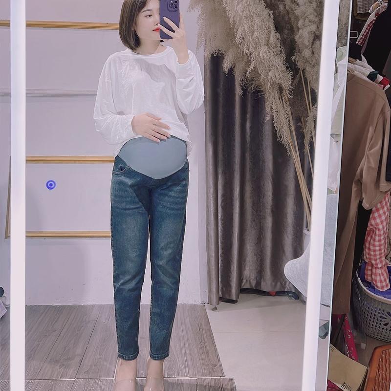 Quần bầu becgy chất jean mềm,màu xanh đậm có đáp bụng và chun chỉnh mặc thoải mái Váy Bầu Đầm Bầu
