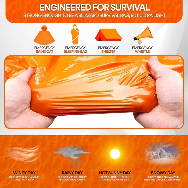 Orange Sleeping Bag with Whistle, 2 Counts Waterproof Windproof Winter Hiking Camping Tactical Blanket, Outdoor Emergency Sleeping Bag 3