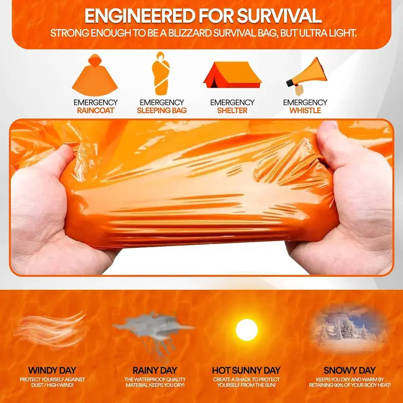 Orange Sleeping Bag with Whistle, 2 Counts Waterproof Windproof Winter Hiking Camping Tactical Blanket, Outdoor Emergency Sleeping Bag 3