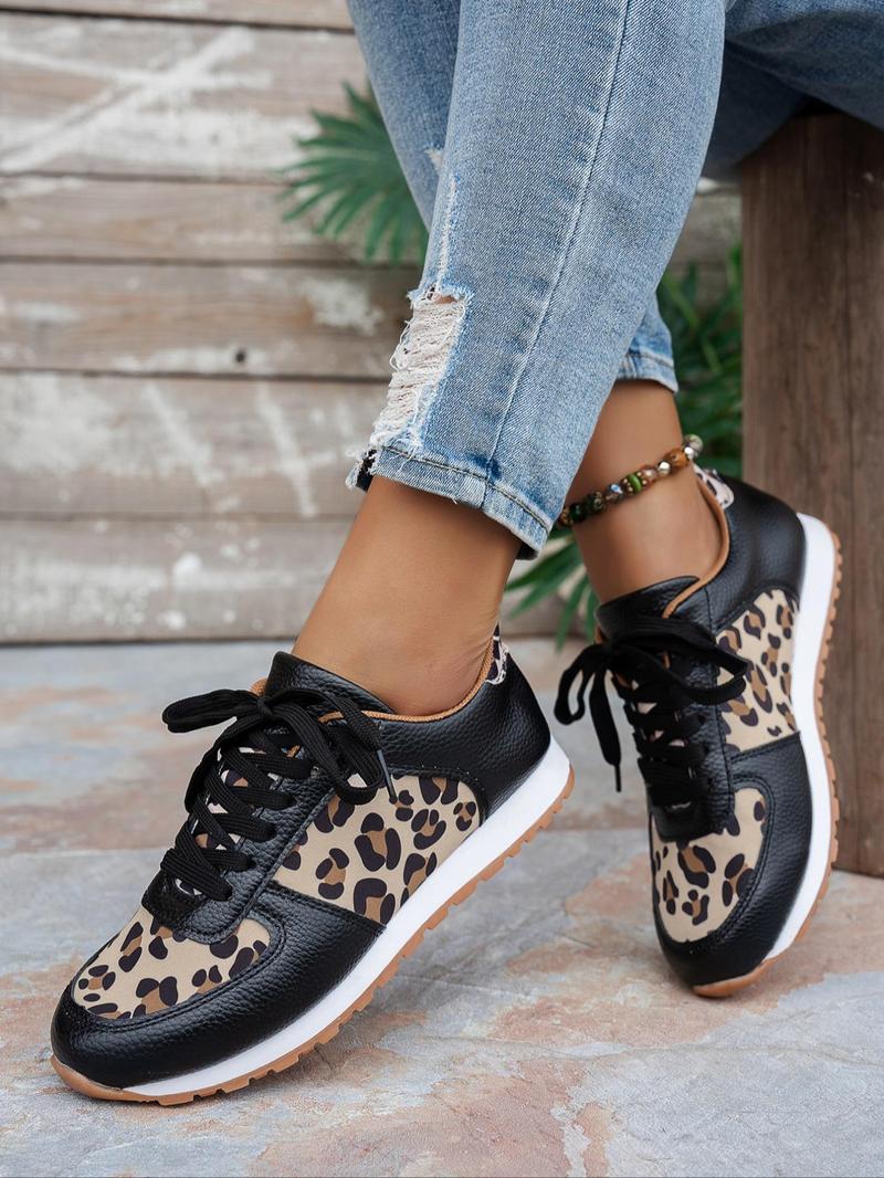 Product Introduction of Women's Fashion Leopard Print Lace Up Low Top Sneakers, Casual Comfortable Lightweight Sports Shoes, Female All-match Round Toe Shoes for Daily Wear 4