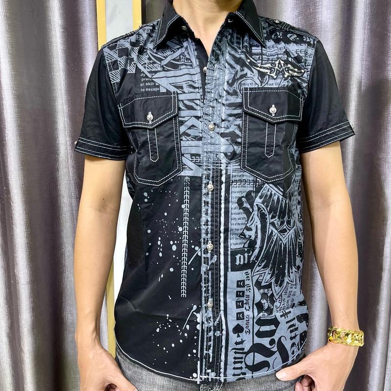 Áo sơ mi nam tay ngắn màu đen, họa tiết in thêu đại bàng , nút hợp kim đồng Menswear