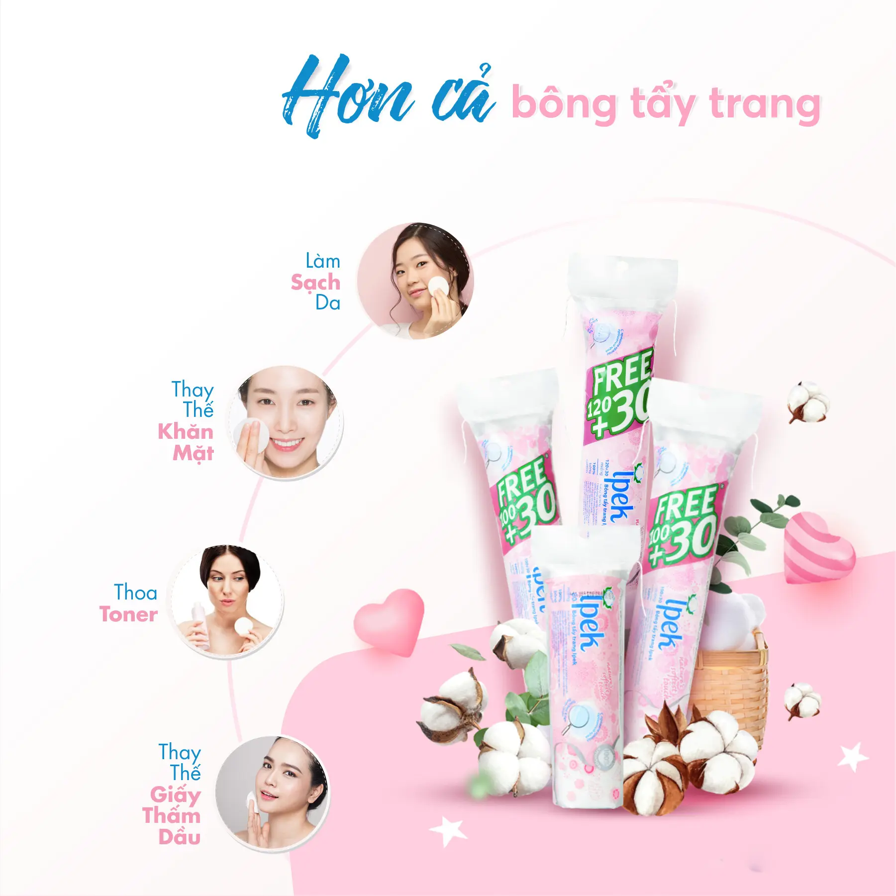 Bông Tẩy Trang Ipek Làm Từ Cotton Hữu Cơ Siêu Mềm Mịn, An Toàn Cho Da 80 miếng Nữ Skincare