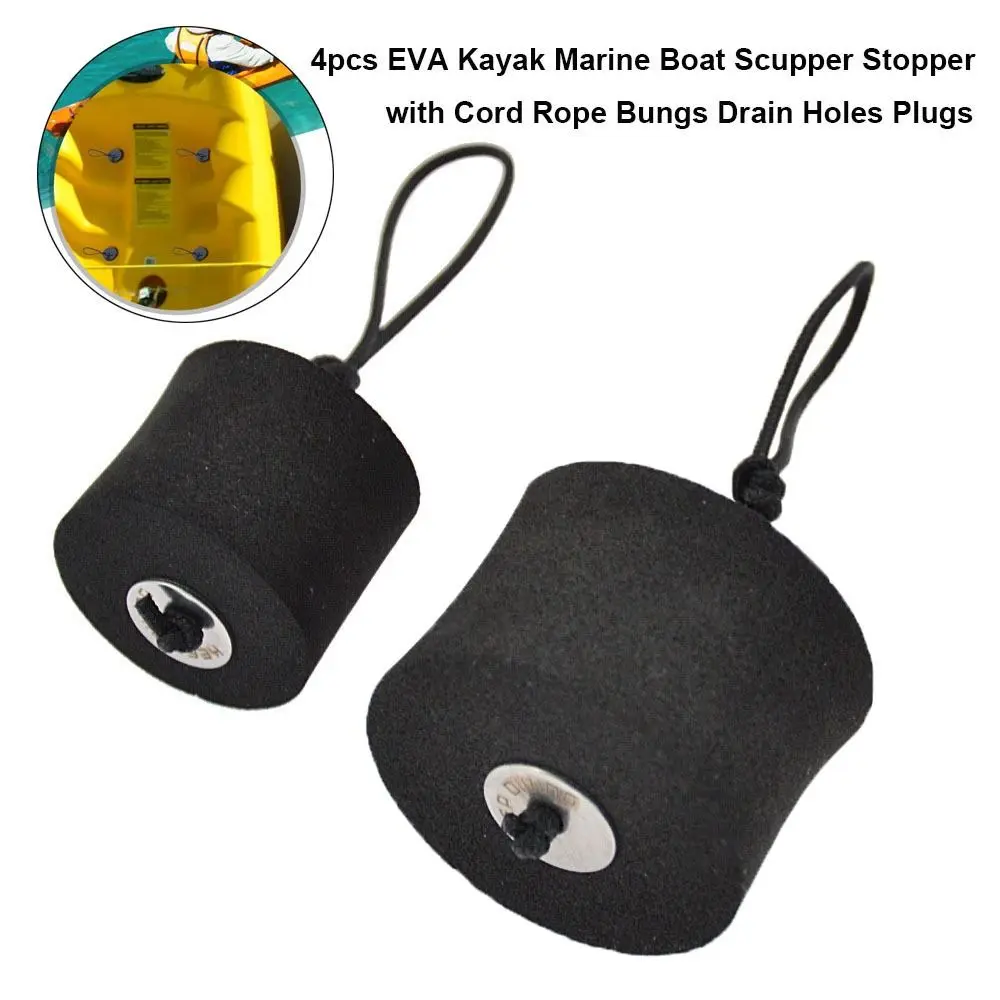 Nút Chặn Bể Bơi Thuyền Hàng Hải Kayak EVA, Chất Lượng Cao, Bộ 4 Cái, Có Nút Buộc Dây, 2 Kích Cỡ, Phích Cắm Lỗ Thoát Nước, Phụ Kiện Kayak Màu Đen