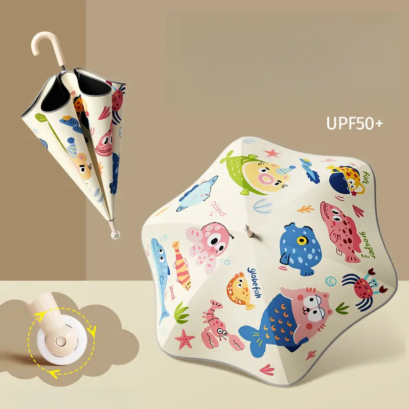 Children's Cartoon Long Handle Umbrella with Wheels Large Size for Boys and Girls, Anti-Puncture, Black Coating, Rain or Shine