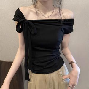 Áo hai dây trễ vai phong cách cô gái sành điệu cho nữ, thiết kế mới, nơ ngắn, áo mùa hè, tôn dáng, kiểu trễ vai thời trang.