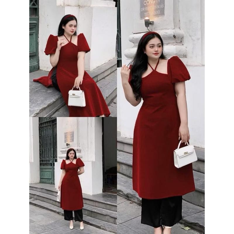  Bigsize 60-125kg set áo dài nhung cổ yếm kèm quần dài lụa đen lưng chun  AD09  