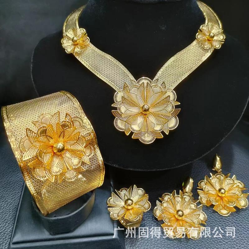 Đồ Trang Trí Dubai, Renewo, Vòng Tay Lớn, Bộ Trang Sức Hoa, Bộ Bốn Mảnh, Phong Cách Dân Tộc, Đồ Trang Sức Cô Dâu, Đồ Trang Trí Mạ Vàng Cát, 24K 1