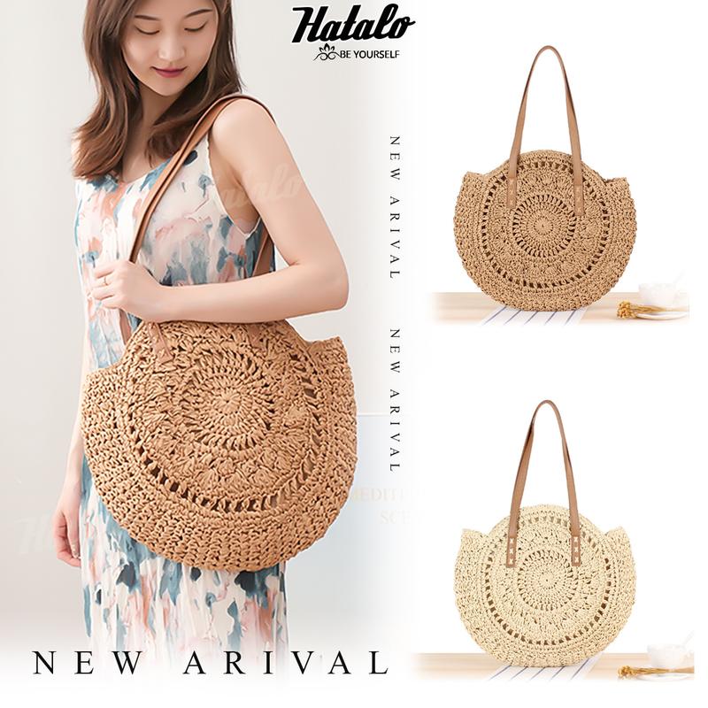 Túi tote đeo vai nữ, Túi cói đi biển du lịch dáng tròn size to, lót vải bên trong, miệng túi có khoá phong cách sang chảnh dễ thương Bag Nhung túi  cói  có  khoá  kéo