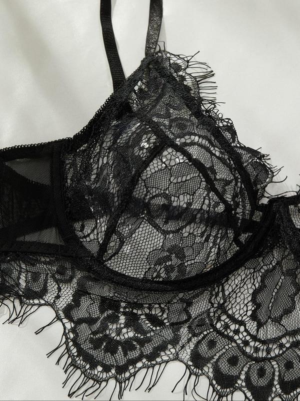 【Plus Size】 Contrast Lace Bra & High Cut Panty, Soft Comfortable Breathable Lingerie Set for Daily Wear, Women's Underwear Set for All Seasons 8