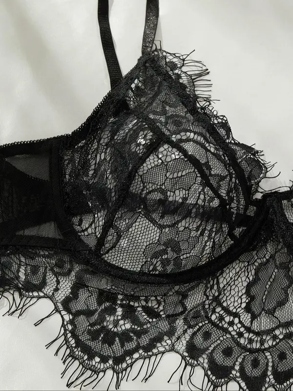 【Plus Size】 Contrast Lace Bra & High Cut Panty, Soft Comfortable Breathable Lingerie Set for Daily Wear, Women's Underwear Set for All Seasons 8