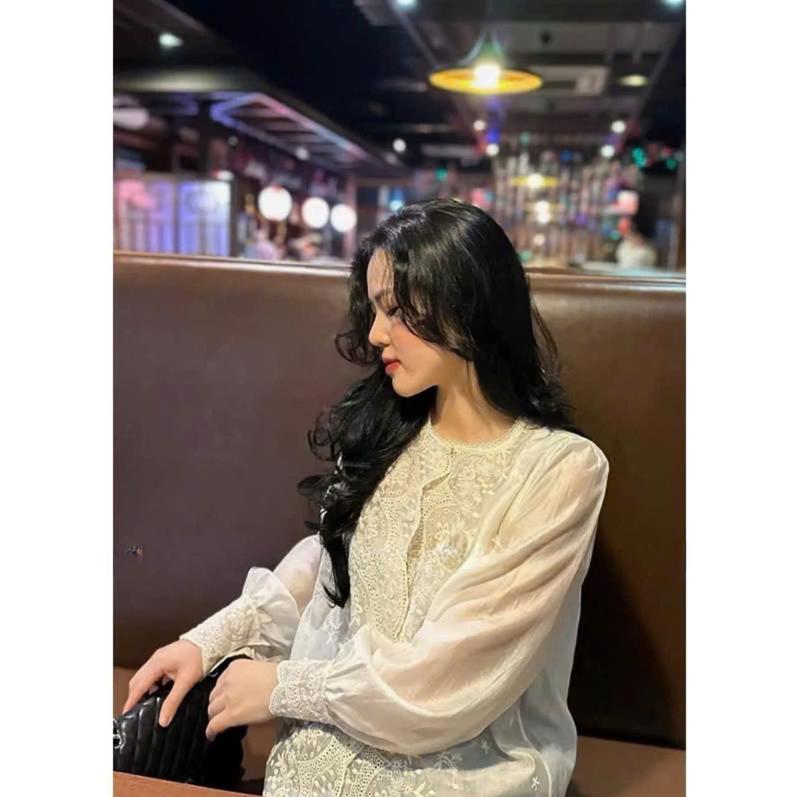  Áo sơ mi nữ dài tay chất tơ pha ren mỏng cổ tròn tiểu thư by Cimie Closet 