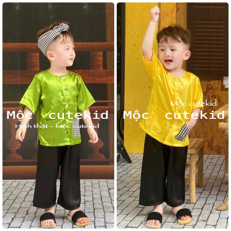 (KHÔNG KÈM KHĂN) Bộ quần áo trẻ em (7-43kg) Bộ quần áo bà ba túi caro chất Lụa mềm mái cho bé