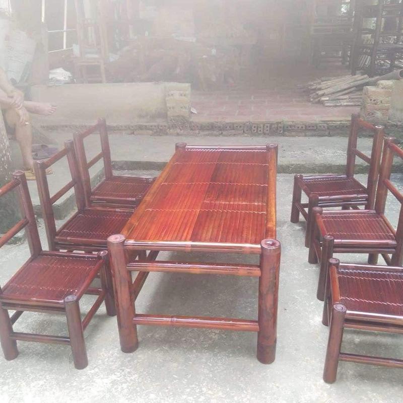 Bộ bàn ghế tre kích thước bàn 60x120 cao 50cm gồm 1bàn 6 ghế có tựa lưng dùng làm bàn trà,bàn ăn,bàn cafe,quán bún đậu mắm tôm