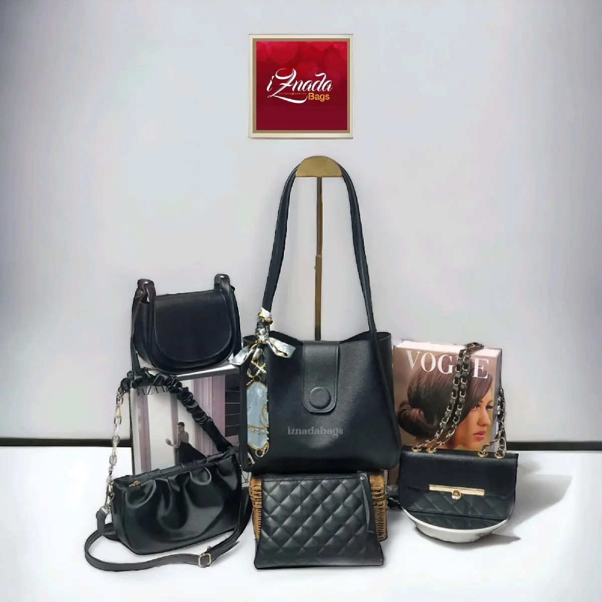 Iznada Bags - Paket Hemat  5 Tas Selempang Wanita (Tote Calysta+Tas Luna+Tas Naumi+ Tas KerutAura+Dompet Lyla) Kulit Sintetis Polos dan Bordir Lengkap Warna Hitam Totebag