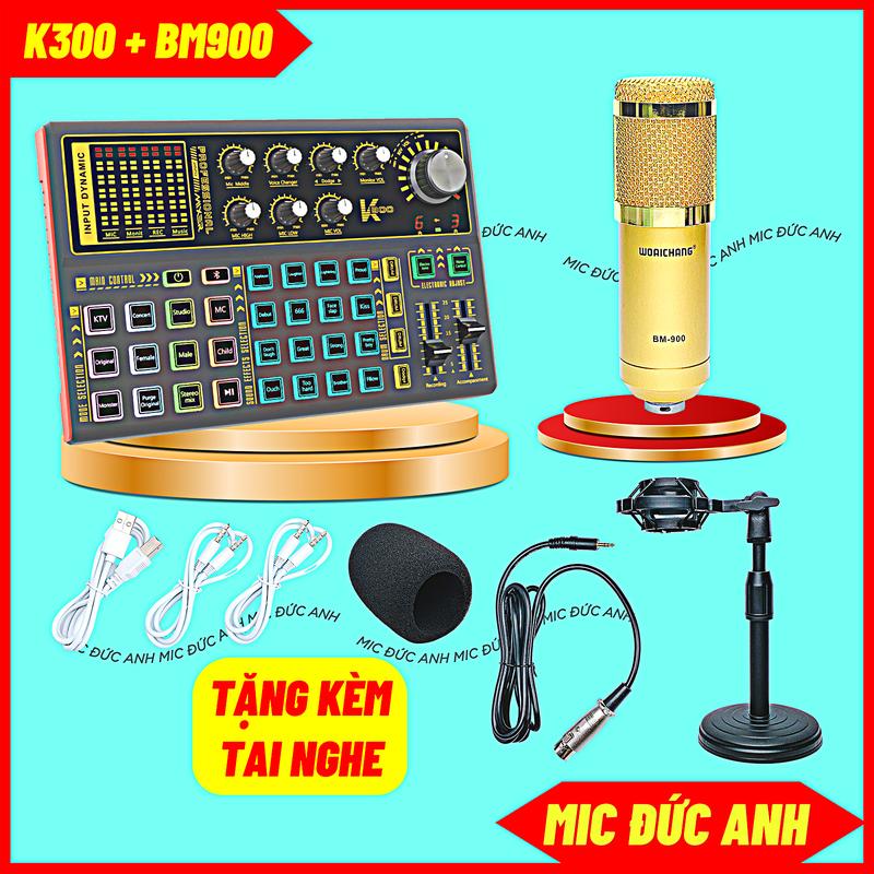 Bộ Sound Card K300 Micro BM900 Chất Liệu Kim Loại Sáng, Chuyên Thu Âm Hát Live Âm Thanh Chất Lượng Tặng Kèm Tai Nghe Nhét Tai