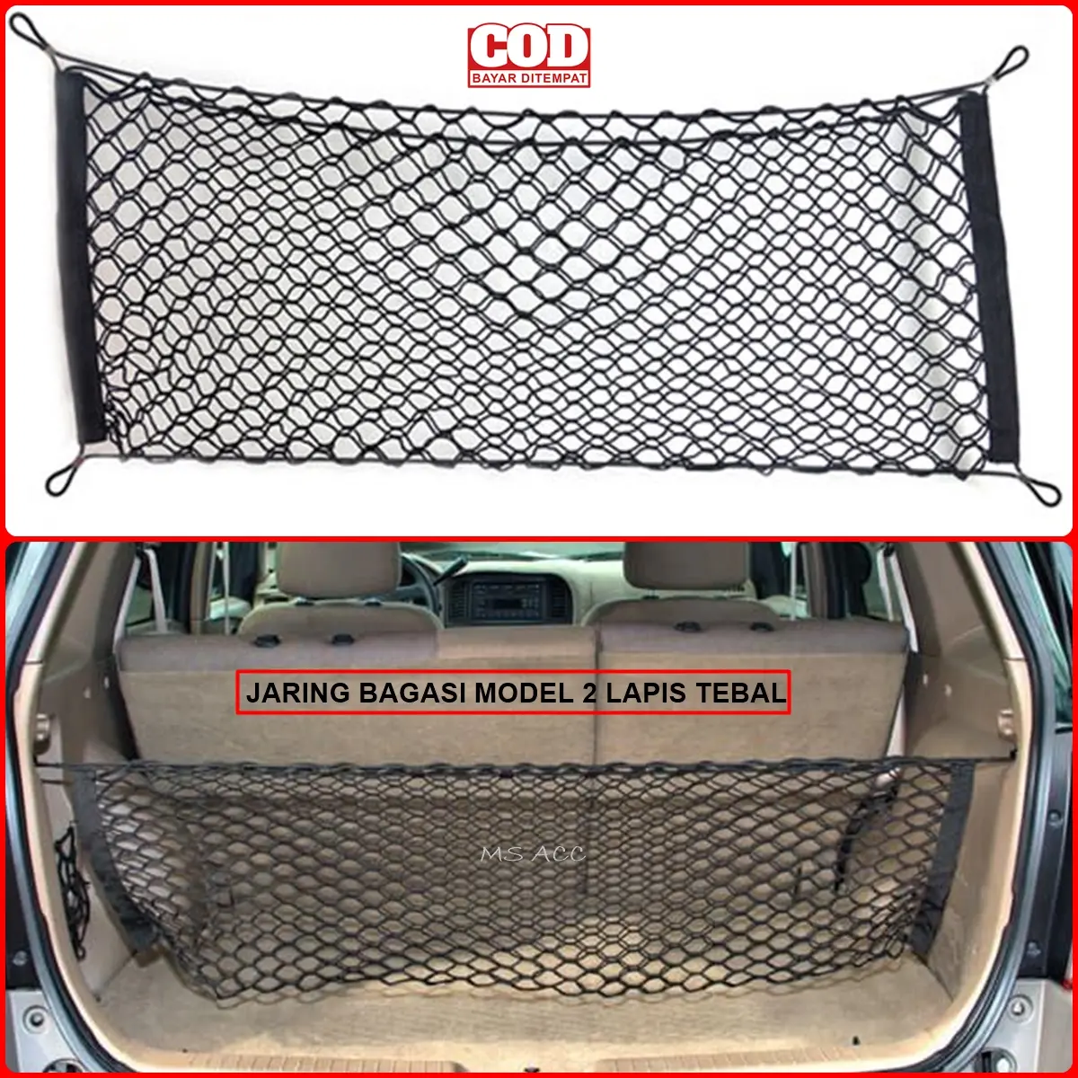 Jaring Bagasi Mobil Belakang 2 LAPIS TEBAL Ukuran 90x40cm Stretch Sampai 120x60cm