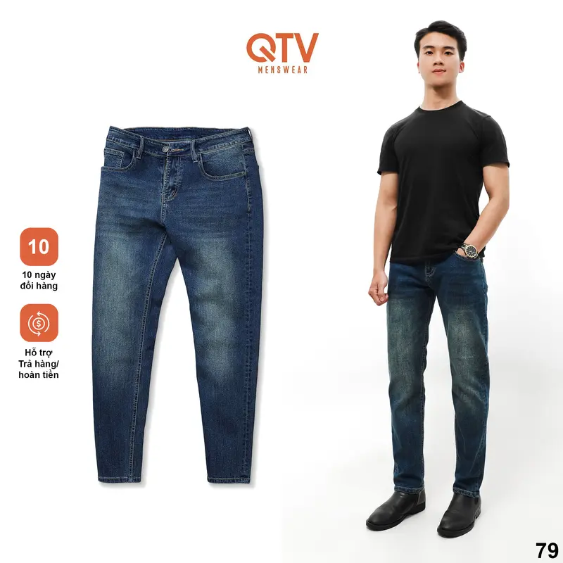 [QTV2] Quần jean nam co giãn, màu xanh dương wash trắng thời trang trước và sau, quần rin form ống slimfit_Q79 Pants Menswear Có Túi Cotton Denim 0