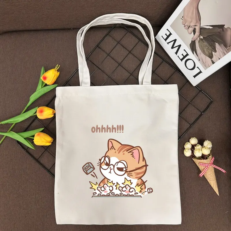 Túi tote nữ in hình mèo cute - Túi vải canvas có khoá kéo và túi phụ đi học, đi chơi - TOTE11 - Bag Chữ Nhật Đeo Vai 4