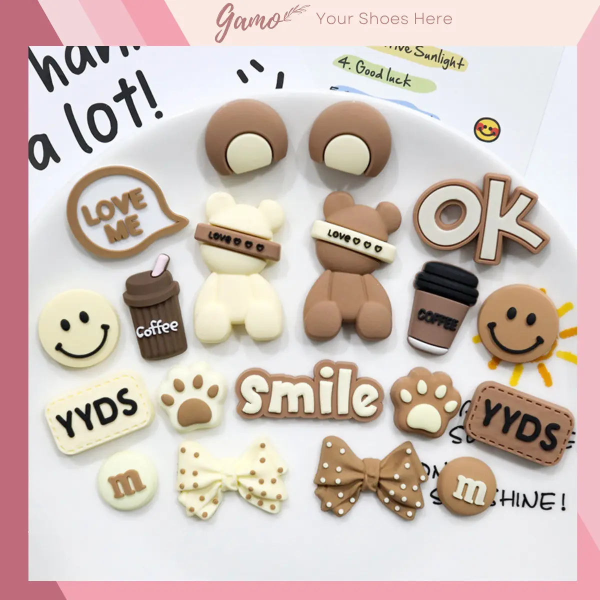 Sticker, Charm 3D chủ đề Bear Coffee bán lẻ DIY Gamo nhựa dẻo gắn Dép, Dép Sục, Cá Sấu JB-299