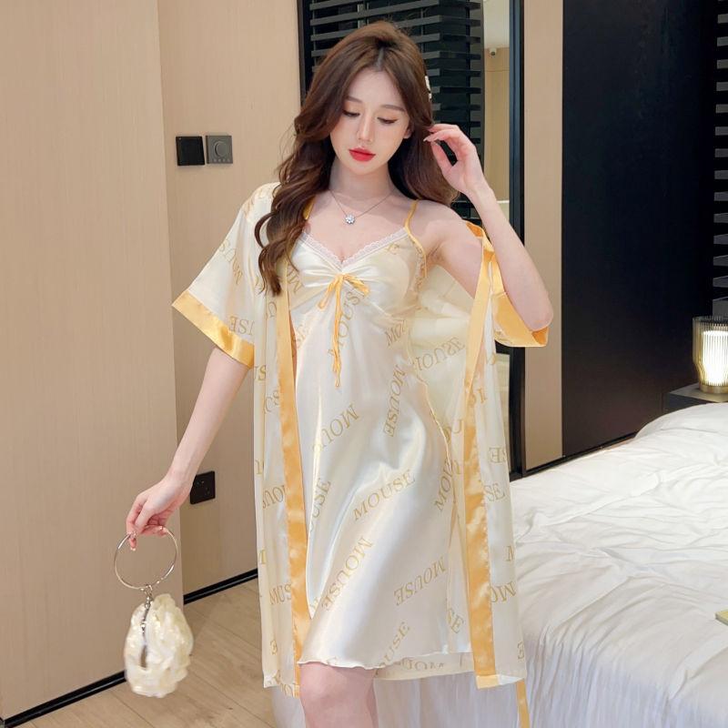 Đồ Ngủ Gợi Cảm, Dành Cho Phụ Nữ, Váy Ngủ Hai Dây Lụa Lạnh Mùa Hè, Váy Ngủ Hai Mảnh, Bộ Đồ Mỏng ngắn Tay Cao Cấp Ins, Hàng Mới Về, 2024 1