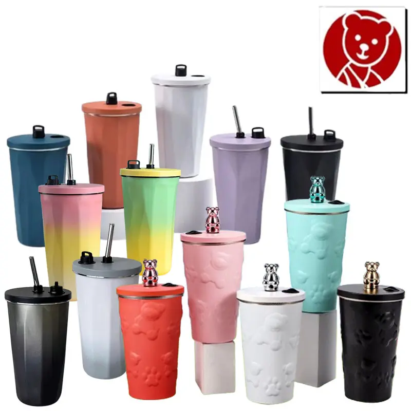 Heenoor Botol Termos Tumbler Geometris Gradasi & Bear Kopi-Teh Vacuum Insulated+Straw SUS 304 | 600ML | HN-242/243/250