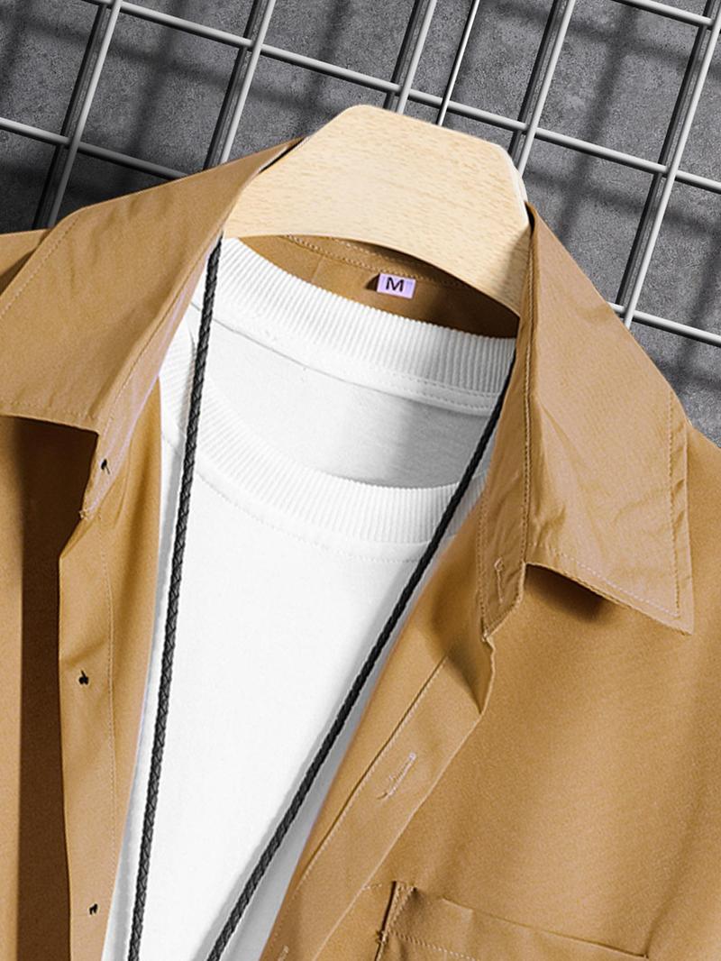 Product Introduction of Men's Solid Color Short Sleeve Shirt & Drawstring Waist Shorts Two-piece Set, Casual Button Up Top & Pocket Shorts, Summer Outfits Clothes Set for Men 9