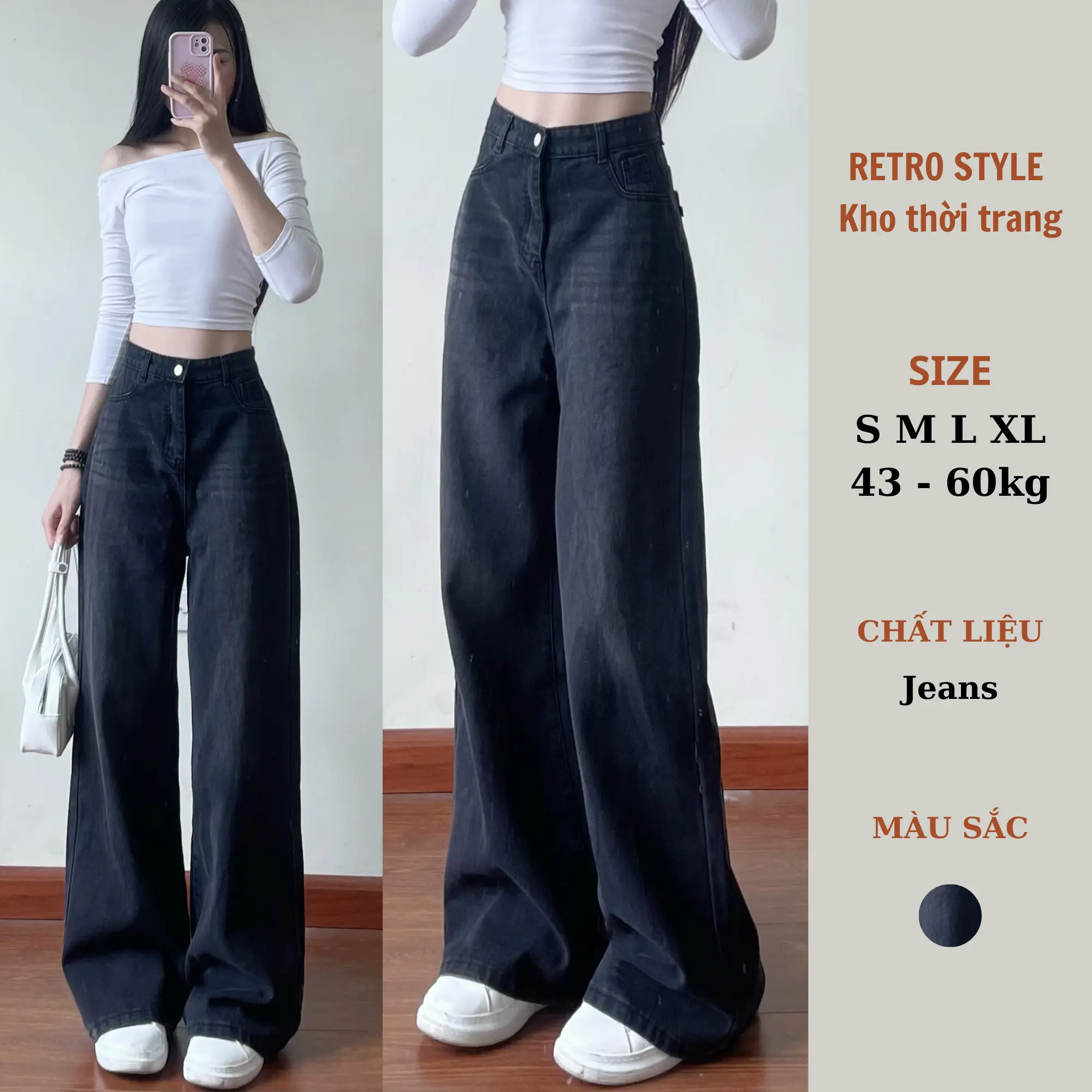 Quần jean ống rộng loe màu retro màu mài đen/trắng Women - Denim Pants 7613/6222
