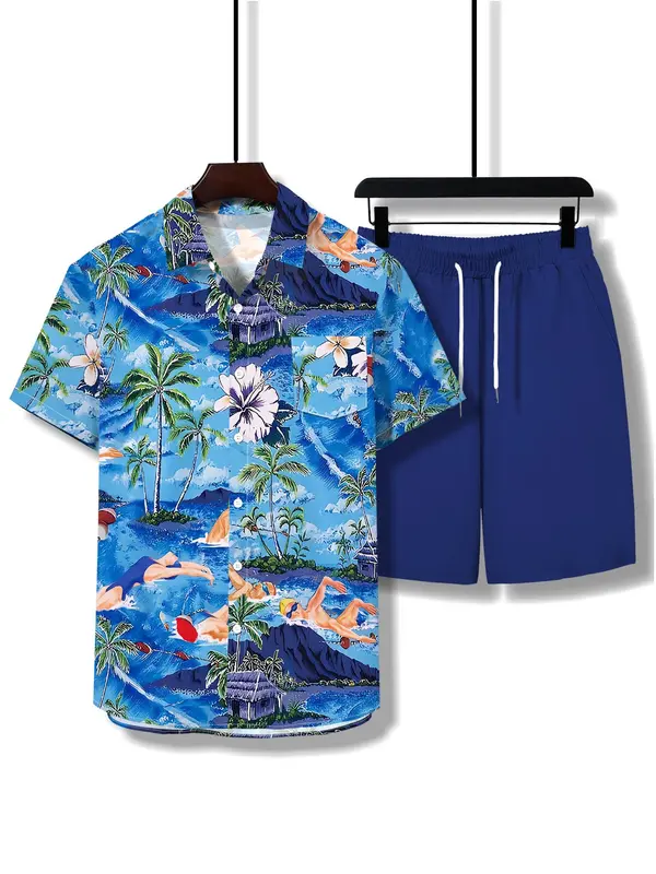 Two-piece Set Men's Regular Fit Tropical Print Shirt & Shorts, Casual Short Sleeve Button Up Top & Shorts for Summer, Men's Clothes for Beach Vacation, Menswear 2
