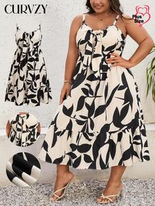 CURVZY Plus Size  Leaf Print Tie Front Ruffle Hem Shirred Cami Dress, Plus Elegant Adjustable Spaghetti Strap Backless High Waist Dress for Summer, Women's Plus Clothes for Vacation Holiday