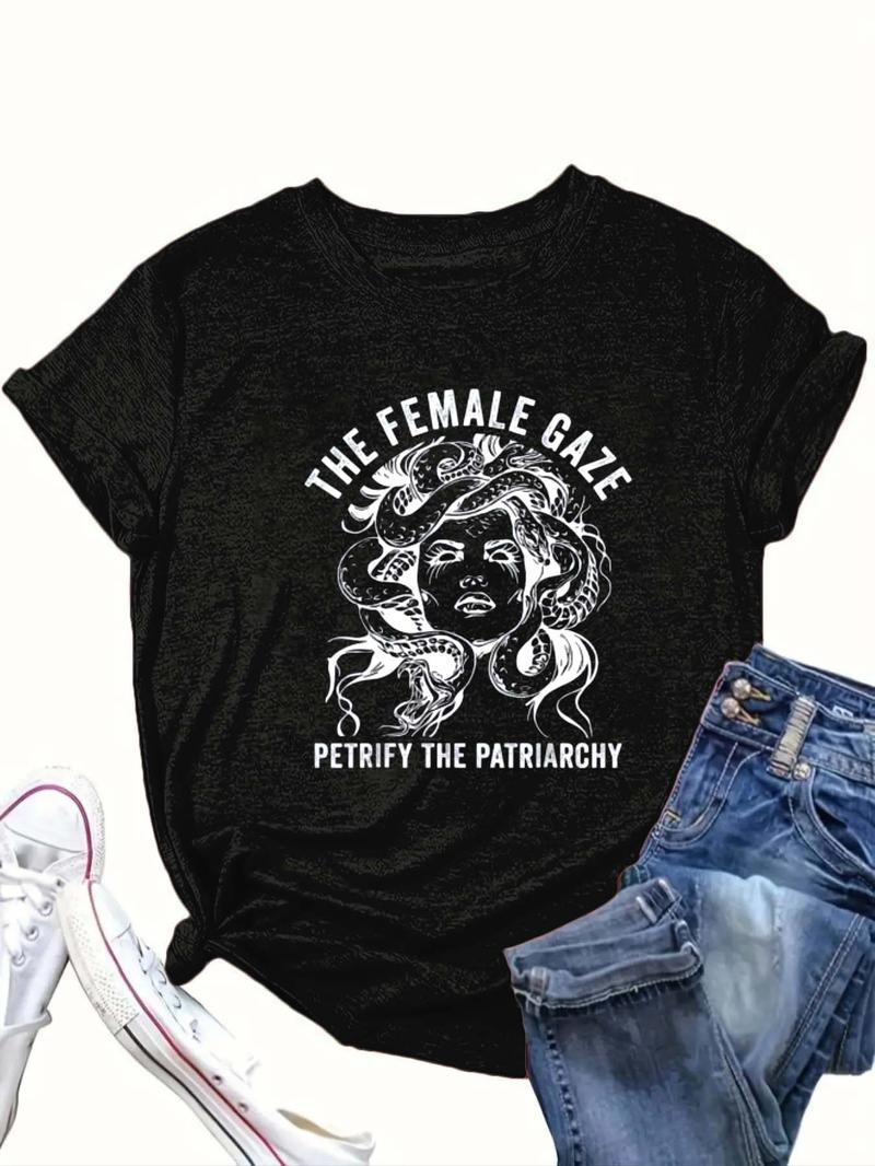 Product Introduction of 【Plus Size】 Cartoon & Letter Print Round Neck Tee, Fashion Casual Crew Neck Short Sleeve T-Shirt for Daily Outdoor Wear, Women Clothing for Summer 1