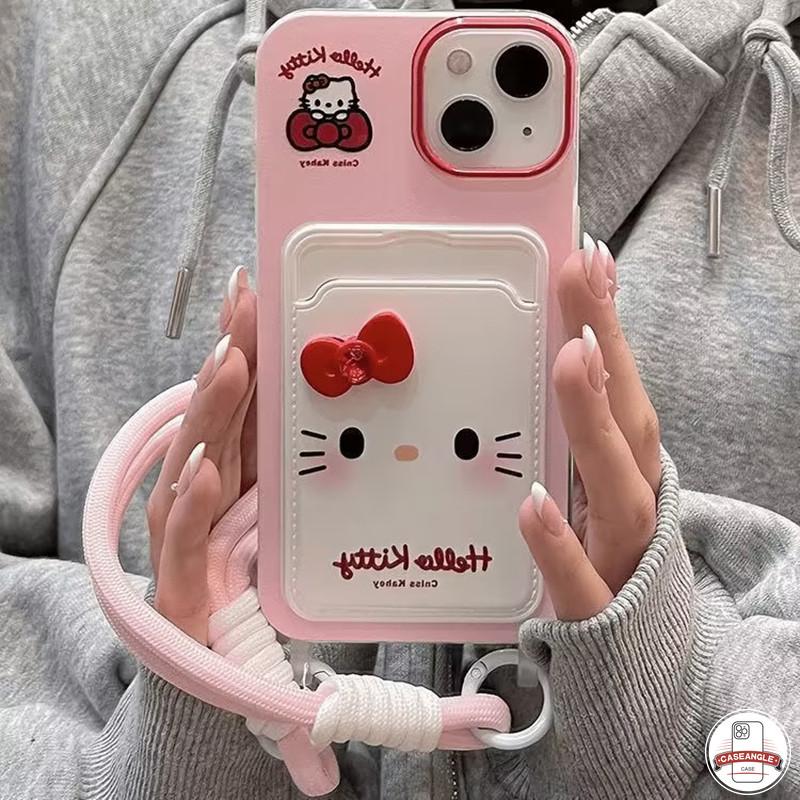 Ốp lưng Hello Kitty nơ dễ thương sáng tạo ngọt ngào Tương thích cho IPhone XR 7Plus 15 16 13 11 14 12 Pro Max X XS Max 16 7 8 6s 6 15 Plus SE 2020 Khe cắm thẻ đôi Vỏ dây buộc 0