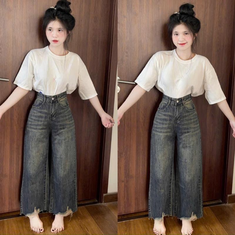95cm Quần Jean Nữ Suông Nấm Rách Lai QC . Jean ko giãn . Đủ Size S M L - Women Pants Voi quan boong 6472