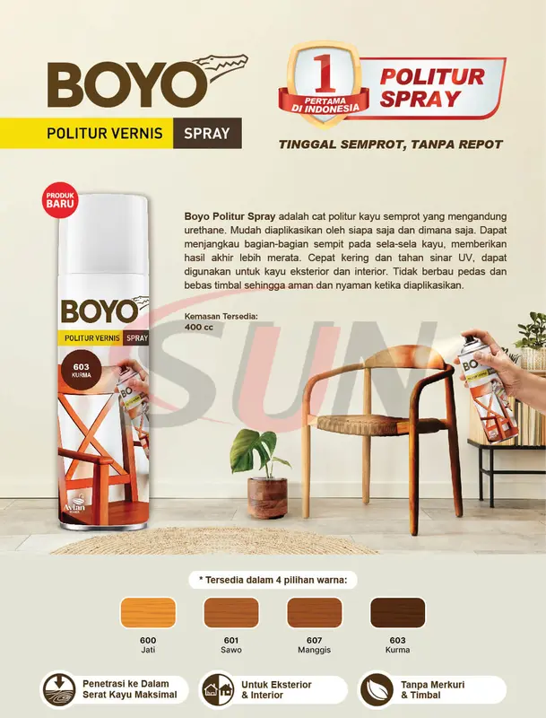 Pilox Boyo Politur Spray 400 cc kayu Jati Manggis Sawo Kurma Cat Semprot Pilok Plitur 1