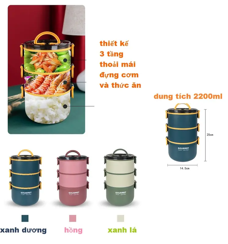 [Cao Cấp] Hộp Đựng Cơm/Camen Giữ Nhiệt 3 Tầng 2200ml Lõi Inox 304 + Tặng Kèm Muỗng 4