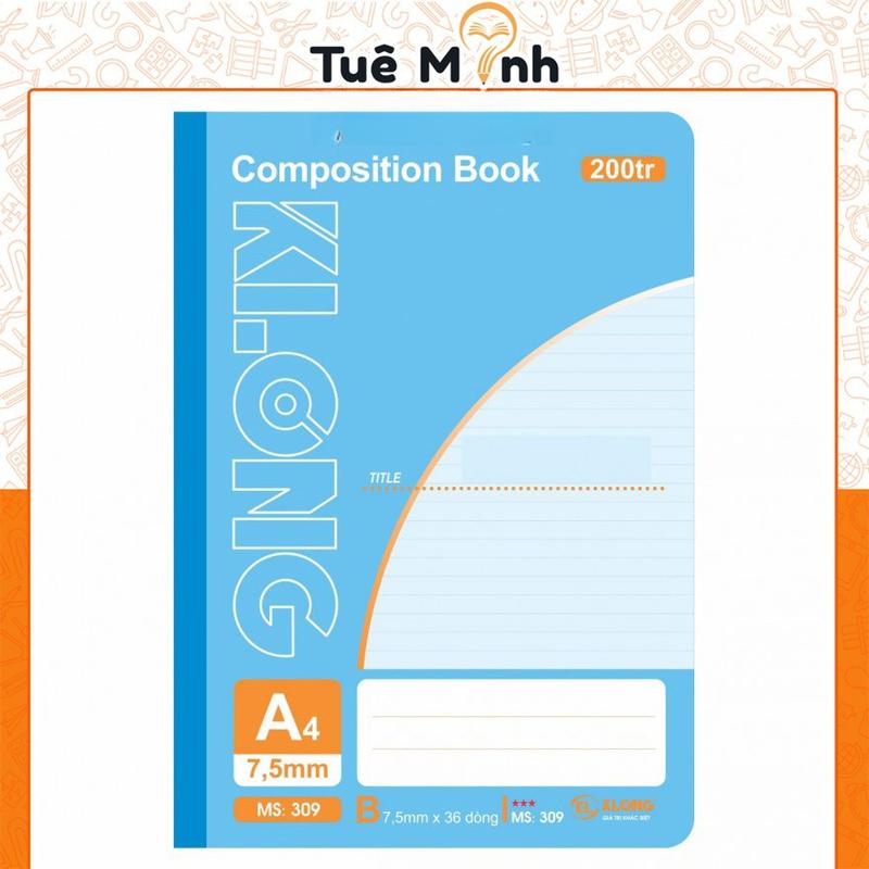 Vở A4 200 trang kẻ ngang Klong may dán gáy Compostion Book MS 309