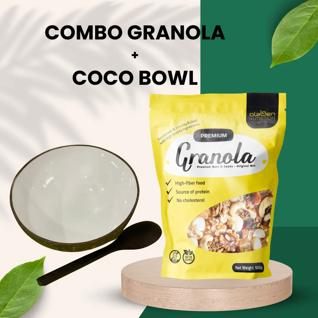 OLABEN COMBO 01 Ngũ cốc dinh dưỡng Premium Granola 500Gram + 01 Chén muỗng gáo dừa Tự nhiên Ít chất béo Hữu cơ Lượng đường thấp Không chứa sữa Gói Food Thức Ăn Hạt Ngũ Cốc có hữu cơ ngũ cốc & yến mạch ngũ cốc ăn sáng ngũ  cốc ngu co can kieng