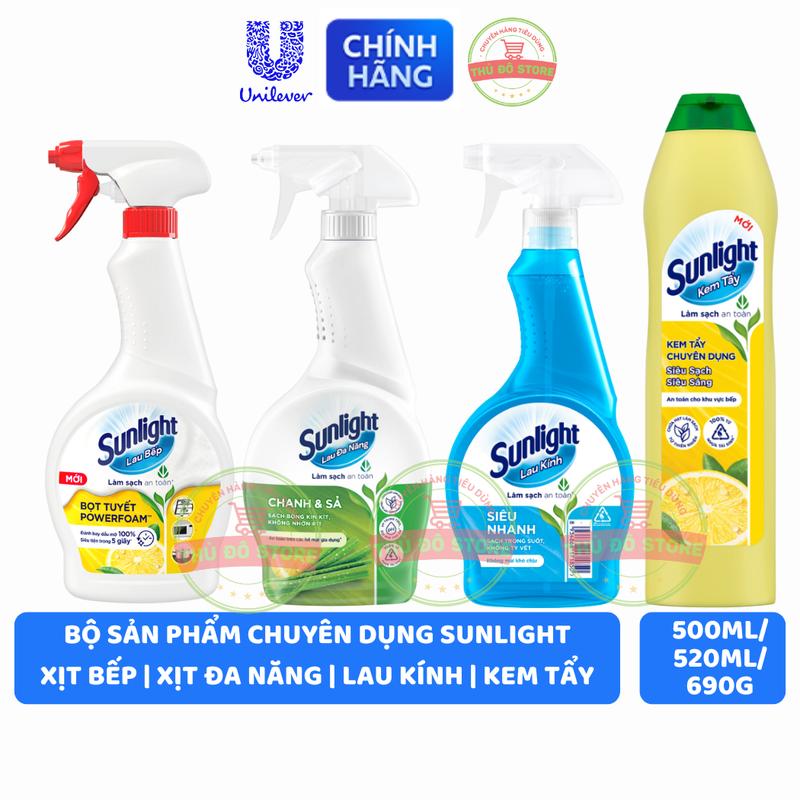 Bộ Sản Phầm Nhà Bếp Sunlight Lau Đa Năng Chanh Sả | Xịt Bếp Bọt Tuyết | Lau Kính | Kem Tẩy - Chai 500ML | 520ML | 690G