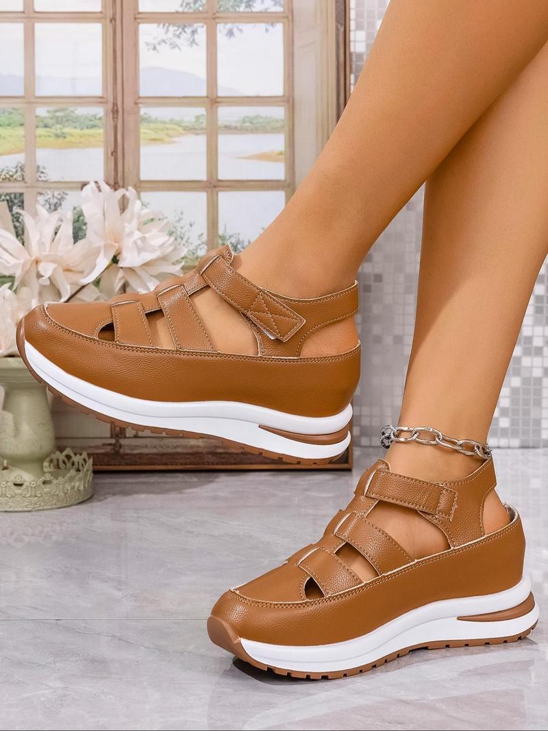 Product Introduction of Women's Fashionable Solid Color Platform Sandals, Casual Comfortable Velcro Sandals for Summer, Female All-match Round Toe Sandals for Daily Wear 4